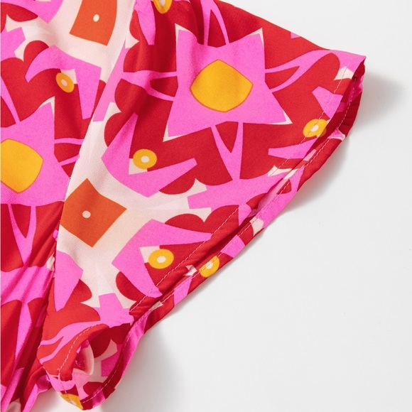 Strawberry Pink Geo Print V-neck Maxi Dress Bohemian Long Dress - Picture 9 of 12